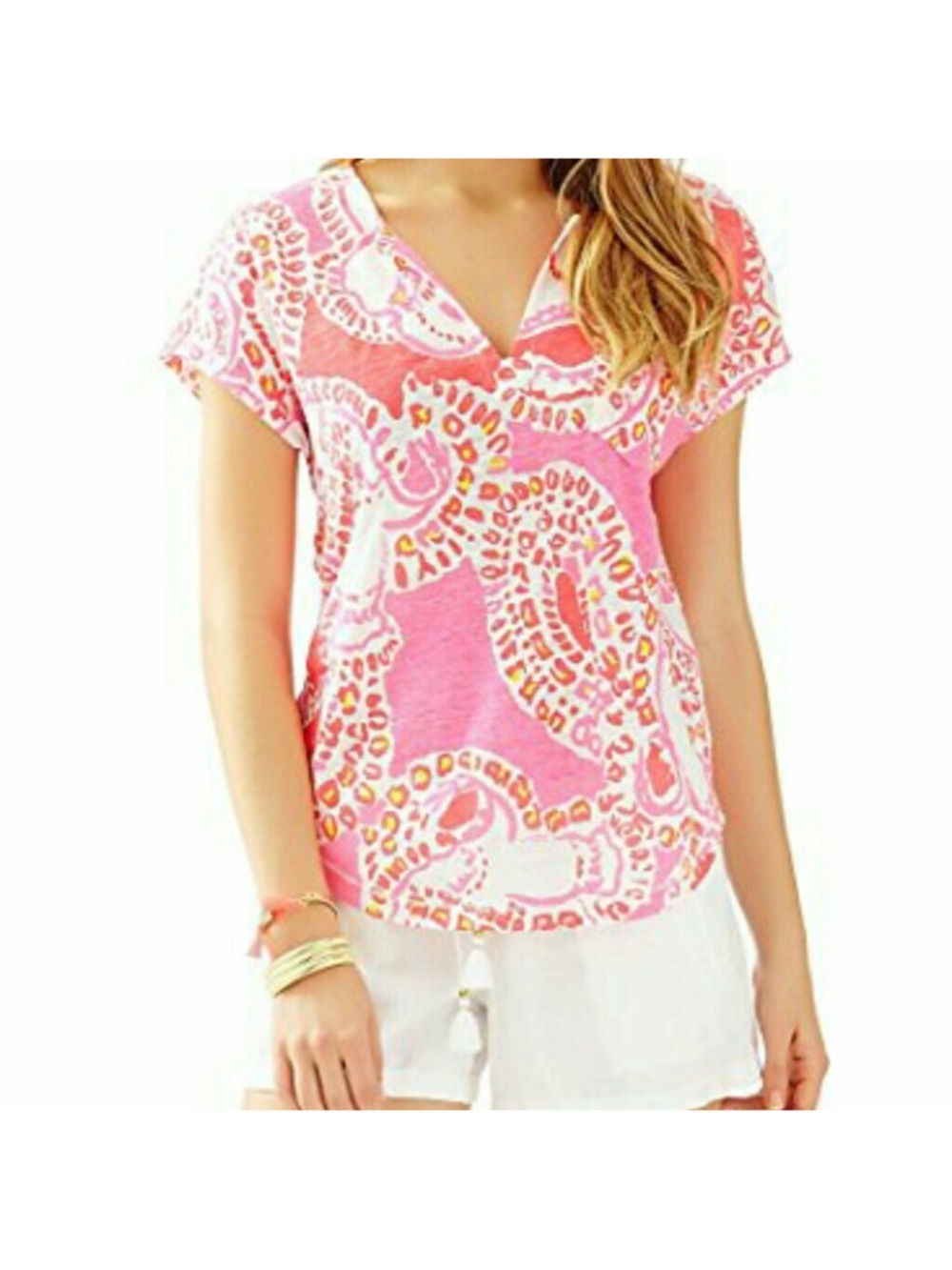 Lilly Pulitzer Pink Paisley-Print V-Neck Short Sleeve Top
